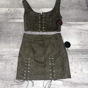 Green suede two piece skirt set from hot Miami styles size small